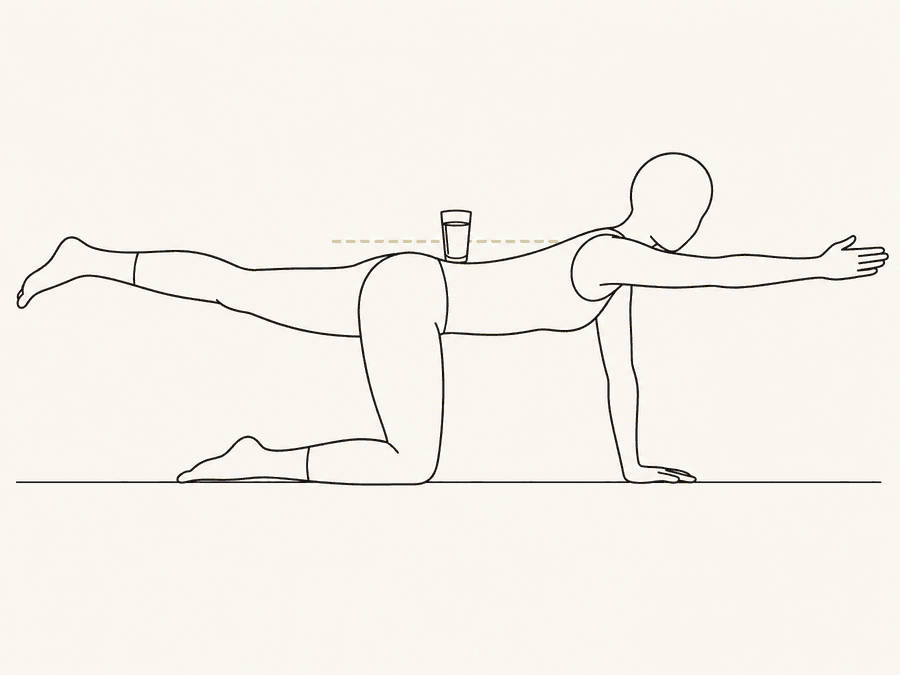 Line illustration of the bird dog, with a glass of water balanced on the lower back