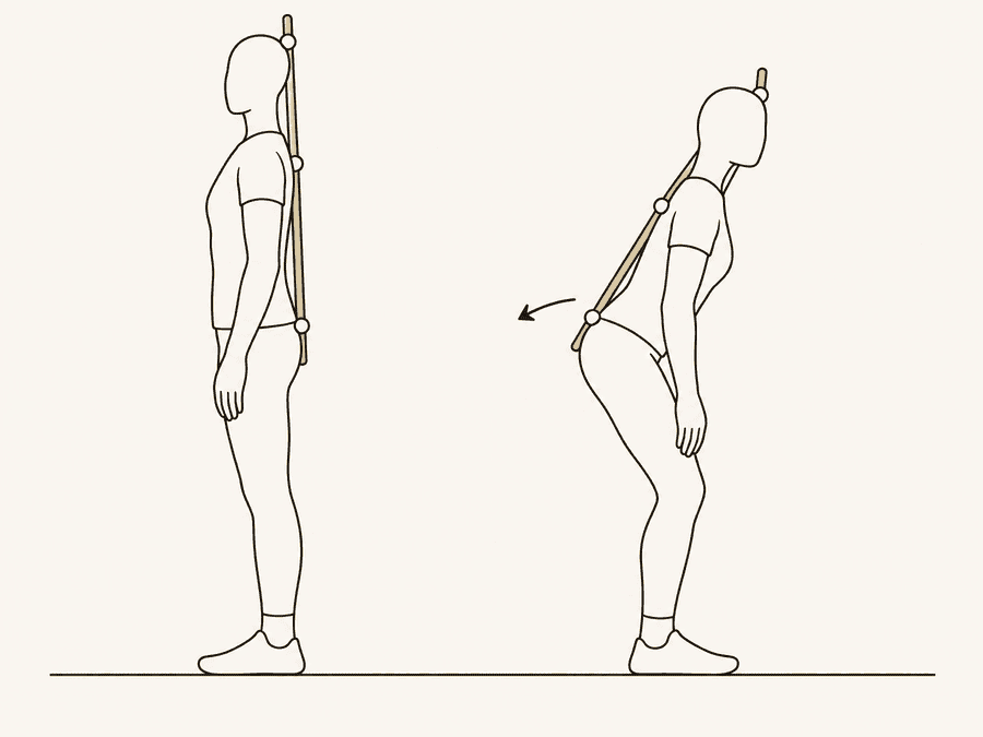 Line illustration of the hip hinge practised with a broom handle along the back